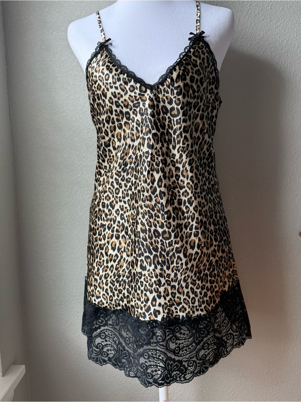 Leopard Satin Slip Chemise with Black Lace Trim